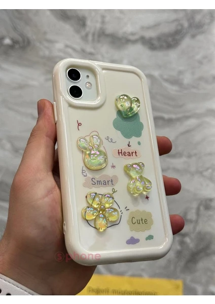 iPhone 11 Kılıf 3D Kabartma Emoji Figür Ayıcık Çiçek Kurdele Happy Good Luck Funny Heart Toys