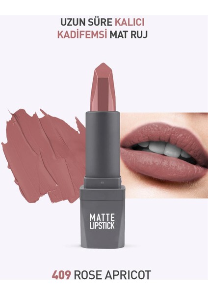 409 Rose Apricot Mat Ruj - Kuruma Yapmayan Pürüzsüz Dokunuş Kadifemsi Etki - Matte Lipstick