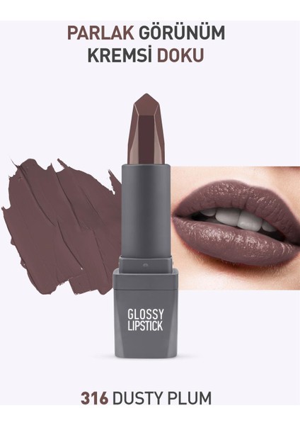 316 Dusty Plum Parlak Ruj - Nemlendirici Etkili Pürüzsüz Dudak Görünümü - Glossy Lipstick