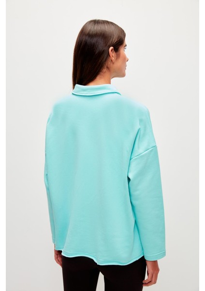 Düz Renk Uzun Kollu Polo Yaka Sweatshirt-Turkuaz