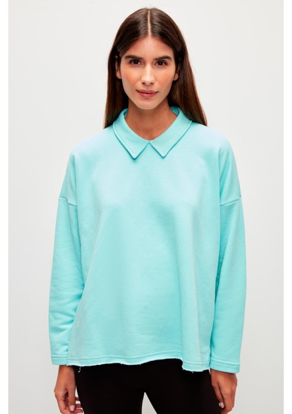 Düz Renk Uzun Kollu Polo Yaka Sweatshirt-Turkuaz