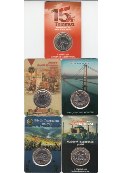 5 'li Hatıra 1 Lira Para Kiti Seti, Ayasofya, Antep, Çanakkale, 15 Temmuz, Büyük Taaruz "çil"