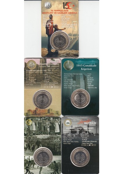 5 'li Hatıra 1 Lira Para Kiti Seti, Ayasofya, Antep, Çanakkale, 15 Temmuz, Büyük Taaruz "çil"