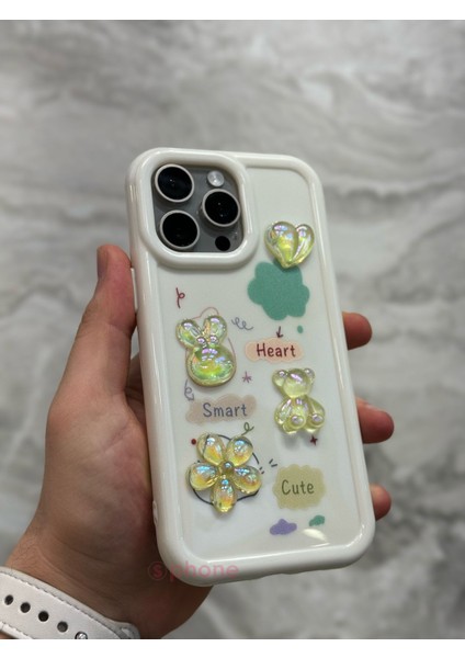 iPhone 11 Pro Kılıf 3D Kabartma Emoji Figür Ayıcık Çiçek Kurdele Happy Good Luck Funny Heart