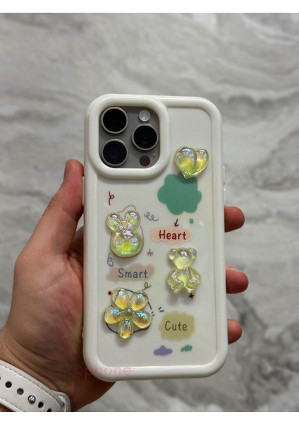 iPhone 11 Pro Kılıf 3D Kabartma Emoji Figür Ayıcık Çiçek Kurdele Happy Good Luck Funny Heart