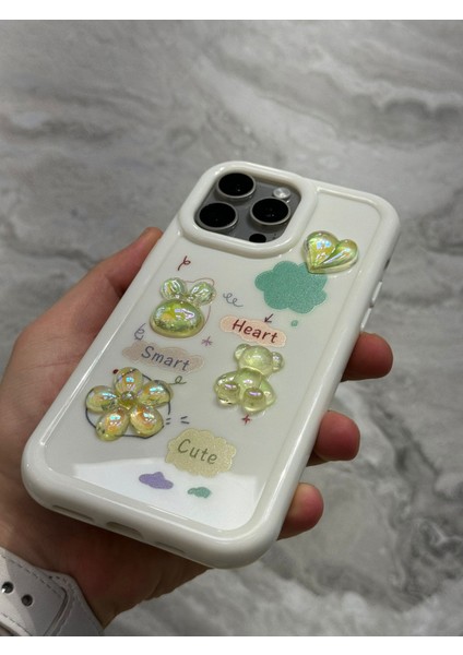 iPhone 11 Pro Kılıf 3D Kabartma Emoji Figür Ayıcık Çiçek Kurdele Happy Good Luck Funny Heart