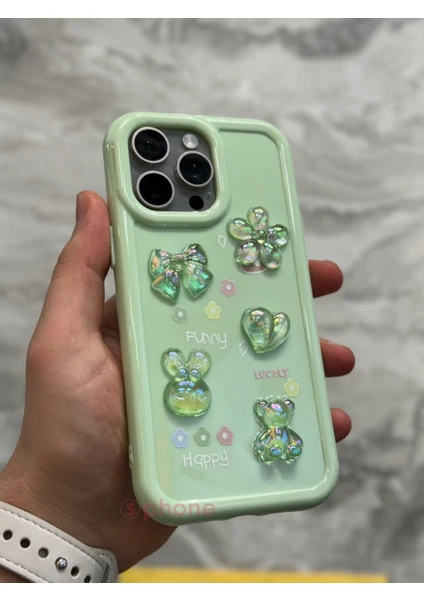 iPhone 11 Pro Max Kılıf 3D Kabartma Emoji Figür Ayıcık Çiçek Kurdele Happy Good Luck Funny Heart