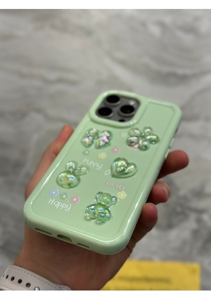 iPhone 12 Pro Kılıf 3D Kabartma Emoji Figür Ayıcık Çiçek Kurdele Happy Good Luck Funny Heart