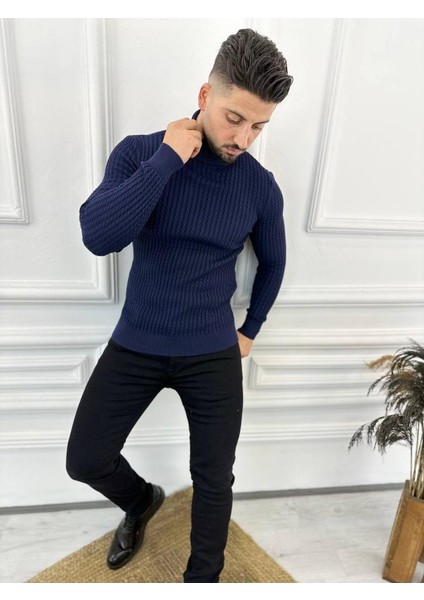 Kazak Slim Fit Tüylenmez Naturel Pamuk Triko Boğazlı Balıkçı Yaka Kazak