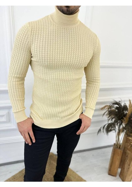 Kazak Slim Fit Tüylenmez Naturel Pamuk Triko Boğazlı Balıkçı Yaka Kazak