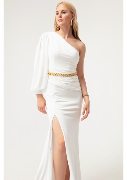 Kadın Beyaz Tek Omuzlu Zincirli Uzun Abiye Elbise fiyatları