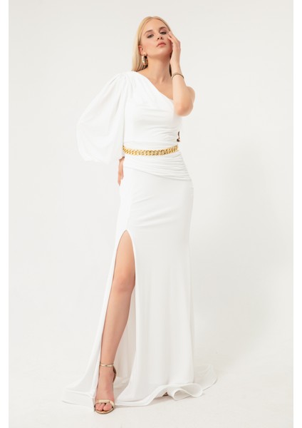 Kadın Beyaz Tek Omuzlu Zincirli Uzun Abiye Elbise modelleri