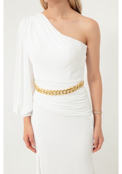 Kadın Beyaz Tek Omuzlu Zincirli Uzun Abiye Elbise fırsatları