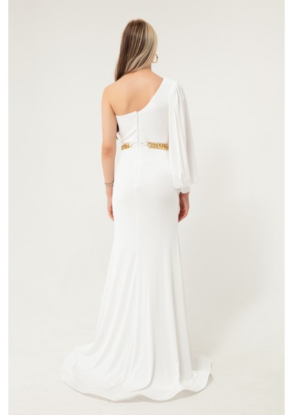 Kadın Beyaz Tek Omuzlu Zincirli Uzun Abiye Elbise indirimleri