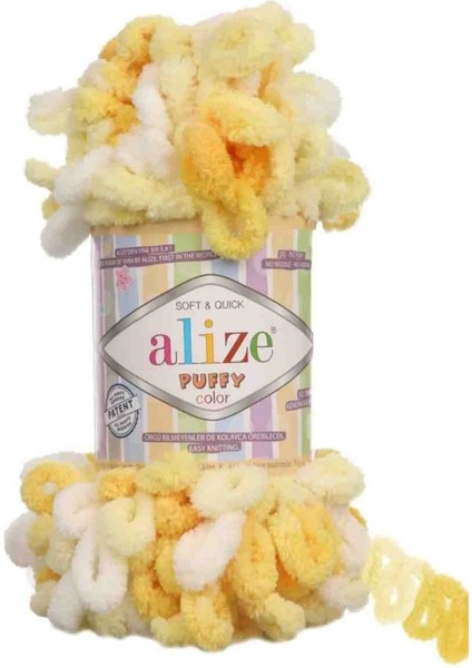 5 Adet Alize Puffy Elle Örülen Kadife Ip No 5921 Sarı Bayaz Ebruli