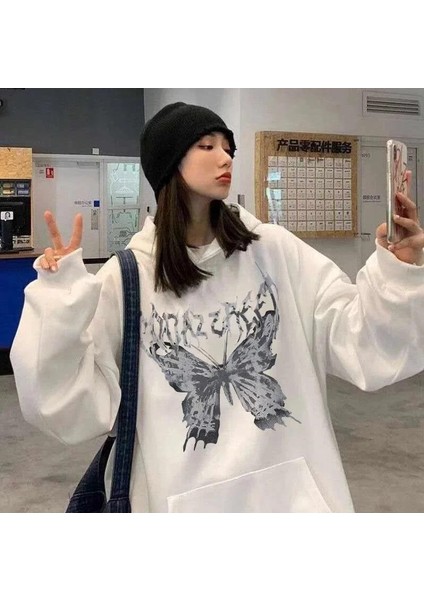 Touz Moda Harajuku Butterfly Oversize Unisex Beyaz Kapşonlu Hoodie Sweatshirt