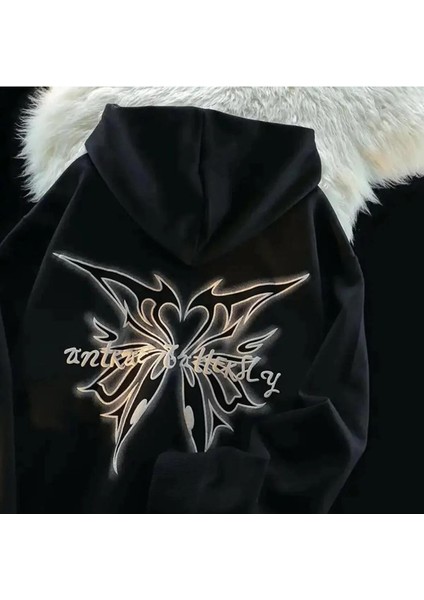 Y2K Butterfly Sırt Baskılı Oversize Siyah Kapşonlu Hoodie Sweatshirt