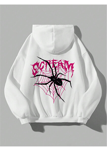 Touz Moda Gothic Spider Web Scream Oversize Unisex Beyaz Kapşonlu Hoodie Sweatshirt