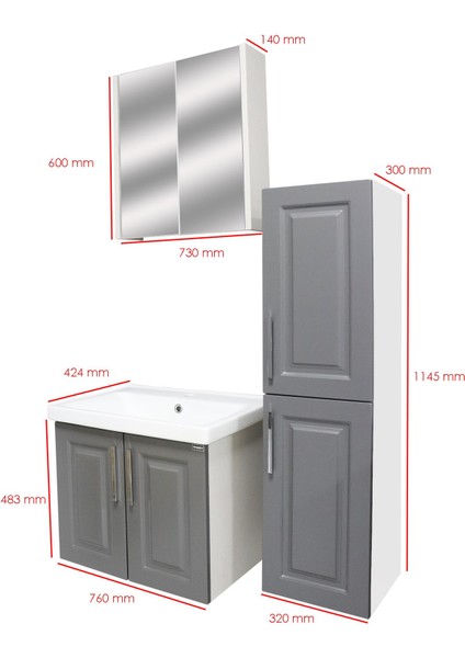 Karen Banyo Arin 80 cm Banyo Dolabı Seti,boy Dolaplı Antrasit, Mdf, Lavabo Dahil,lavabolu