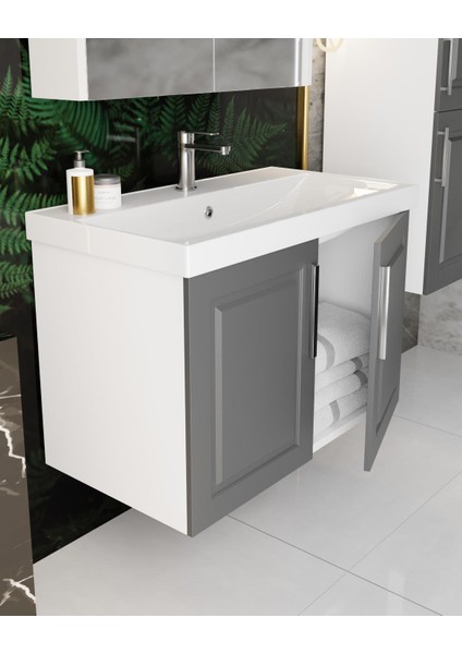 Karen Banyo Arin 80 cm Banyo Dolabı Seti,boy Dolaplı Antrasit, Mdf, Lavabo Dahil,lavabolu