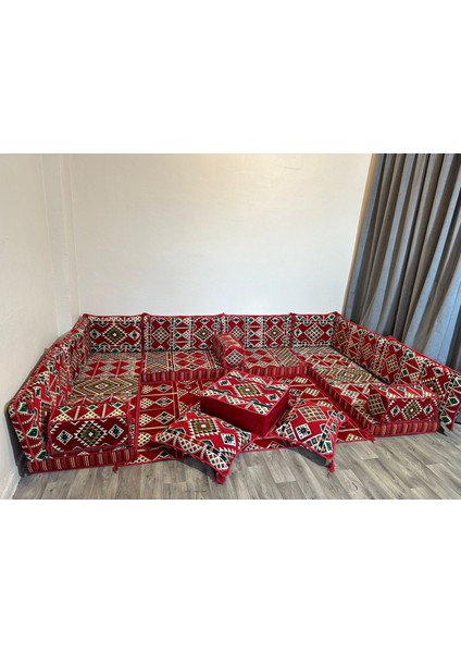 Şark Köşesi Minderi Otantik Kilim Desenli Konsept Kırmızı 18 Parça