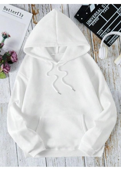 Touz Moda Y2K Butterfly Sırt Baskılı Oversize Unisex Beyaz Kapşonlu Hoodie Sweatshirt