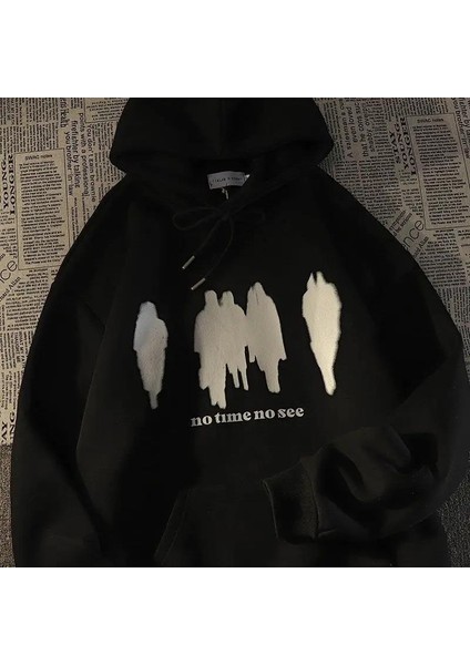 Y2K No Time No See Baskılı Oversize Siyah Kapşonlu Hoodie Sweatshirt
