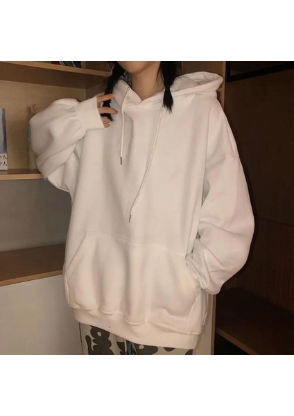 Touz Moda Basic Düz Oversize Unisex Beyaz Kapşonlu Hoodie Sweatshirt