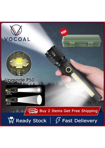 Vocoal Işığı Teleskopik Odaklama Işığı Güçlü Parlak Cob Işığı Su Geçirmez Işık Düşmeye Dayanıklı Torchlight Taşınabilir Lamba Dış Mekan Ev Acil Durumları Için Yan Işıklı Alüminyum Işık (Yurt Dışından)