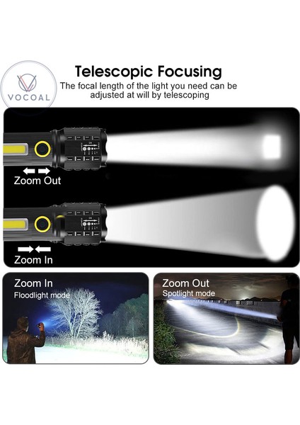Vocoal Işığı Teleskopik Odaklama Işığı Güçlü Parlak Cob Işığı Su Geçirmez Işık Düşmeye Dayanıklı Torchlight Taşınabilir Lamba Dış Mekan Ev Acil Durumları Için Yan Işıklı Alüminyum Işık (Yurt Dışından) fırsatları