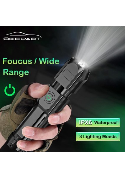 Geepact T6 Güçlü Zoom Parlak LED Dış Mekan Odaklama Torchlight Taşınabilir Ev Acil Durum Lambası Dahili Pil USB Şarj Edilebilir Torchlight Penlight Su Geçirmez (Yurt Dışından)