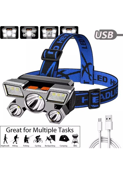 【rongcai】 Taşınabilir LED Far Beş Kafa Şarj Edilebilir Far Pil Su Geçirmez El Feneri Lambası (Yurt Dışından)