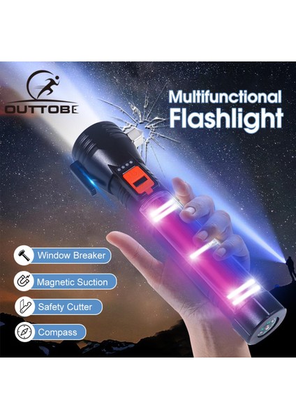 Outtobe Işık Çok Fonksiyonlu Işık Süper Parlak Işık Su Geçirmez Işık Dış Mekan Feneri Taşınabilir Ev Lambası Pencere Kırıcılı Penlight Manyetik Emme Güvenlik Kesici Pusula (Yurt Dışından)
