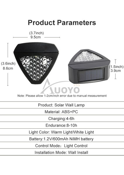 Auoyo 2led Güneş Duvar Işık Açık Güneş Bahçe Işık Güneş LED Su Geçirmez Duvar Lambası Çit Işıkları Aplik Lambası Ev Yard Koridor Villa Veranda Dekorasyon (Yurt Dışından) fırsatları