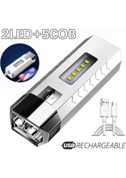 Süper Parlak Mini 2 LED + 5 Cob Güçlü El Feneri USB Şarj Edilebilir Acil Durum Işığı Telefonu Şarj Edebilir (Yurt Dışından)