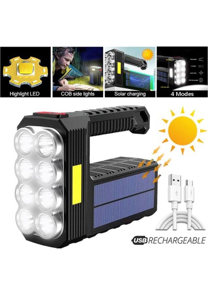 Güçlü LED Kamp El Feneri, Cob Yan Işıklı Fener Usb/solar Şarjlı Projektör 4 Mod Aydınlatma Acil Durum Feneri (Yurt Dışından)