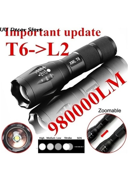 T6 Taktik Askeri LED El Feneri 980000LM Yakınlaştırılabilir 5 Modlu Pilsiz (Yurt Dışından)