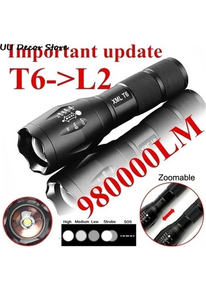 T6 Taktik Askeri LED El Feneri 980000LM Yakınlaştırılabilir 5 Modlu Pilsiz (Yurt Dışından) fiyatları