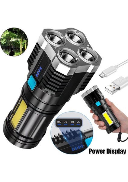 Süper Parlak 4 Kafa LED Taktik El Feneri Şarj Edilebilir 4 Modlu Işık Su Geçirmez Lamba Açık Kamp Çalışma Işığı (Yurt Dışından)