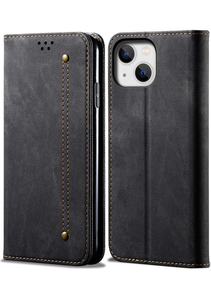 iPhone 15 Plus Için Kot Deri Flip Cüzdan Standlı Telefon Kılıfı - Siyah (Yurt Dışından)