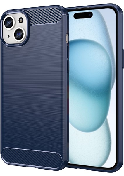 iPhone 15 Plus Için Yumuşak Karbon Fiber Fırçalanmış Tpu Telefon Kılıfı - Mavi (Yurt Dışından)