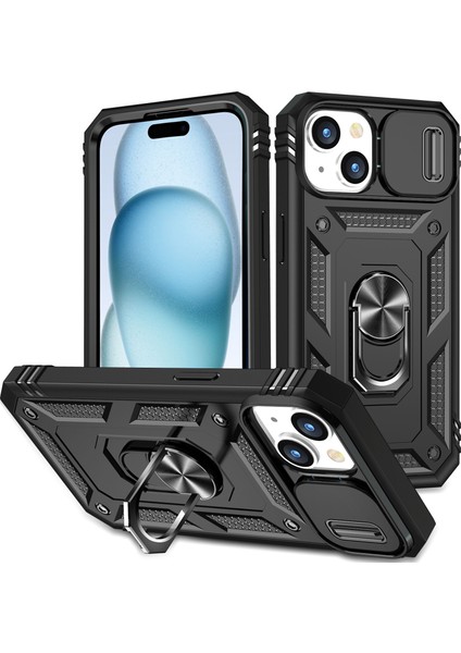 iPhone 15 Plus Için Kayar Lens Koruyucu Halka Standlı Telefon Kılıfı - Siyah (Yurt Dışından)
