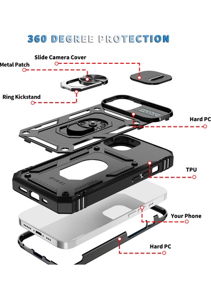 iPhone 15 Plus Için Kayar Lens Koruyucu Halka Standlı Telefon Kılıfı - Siyah (Yurt Dışından) indirimleri