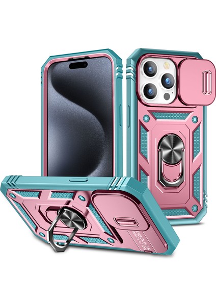 iPhone 15 Pro Max Için Kayar Lens Koruyucu Halka Standlı Telefon Kılıfı - Pembe-Yeşil (Yurt Dışından)