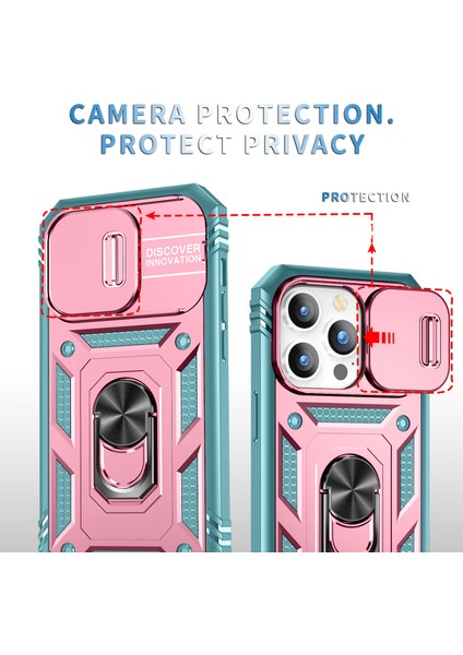 iPhone 15 Pro Max Için Kayar Lens Koruyucu Halka Standlı Telefon Kılıfı - Pembe-Yeşil (Yurt Dışından) fiyatları