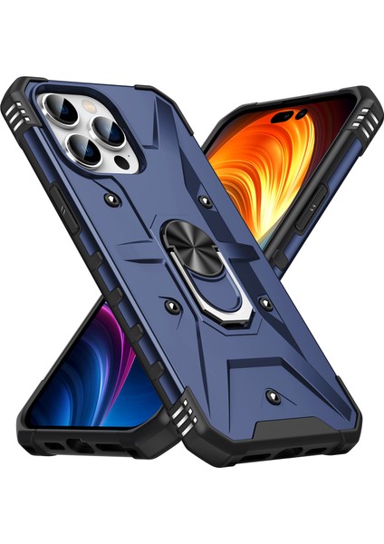 iPhone 15 Pro Max Için Halka Tutucu Standlı Çift Katmanlı Telefon Kılıfı - Lacivert (Yurt Dışından)