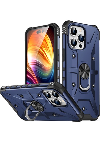 iPhone 15 Pro Max Için Halka Tutucu Standlı Çift Katmanlı Telefon Kılıfı - Lacivert (Yurt Dışından) fiyatları