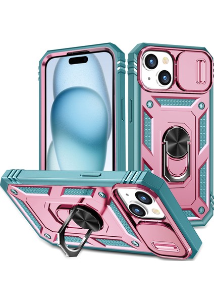 iPhone 15 Plus Için Kayar Lens Koruyucu Halka Standlı Telefon Kılıfı - Pembe-Yeşil (Yurt Dışından)
