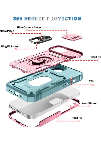 iPhone 15 Plus Için Kayar Lens Koruyucu Halka Standlı Telefon Kılıfı - Pembe-Yeşil (Yurt Dışından) indirimleri