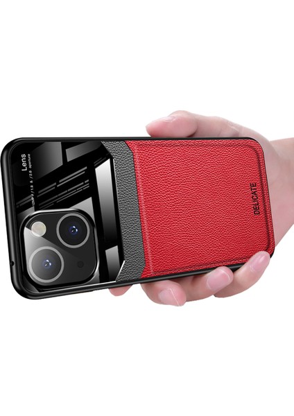 iPhone 15 Plus Için Ince Litchi Tpu Bumper Hibrit Cam Korumalı Kılıf Kapaklı - Kırmızı (Yurt Dışından)